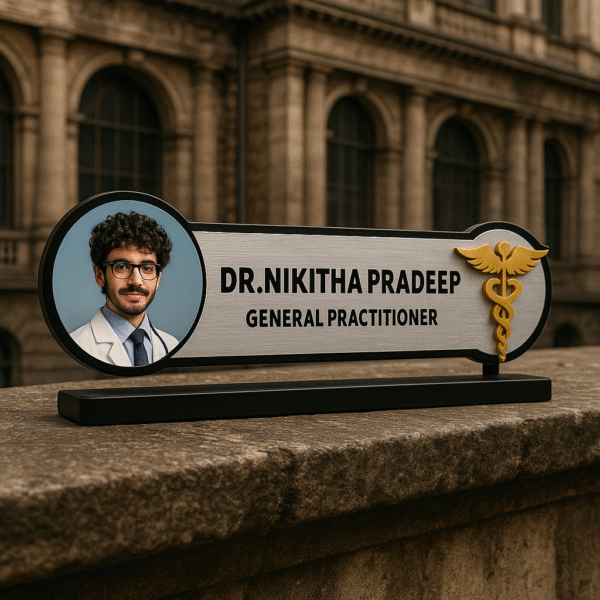 Custom doctor desk name plate with photo and caduceus for general practitioner – personalized acrylic clinic name board