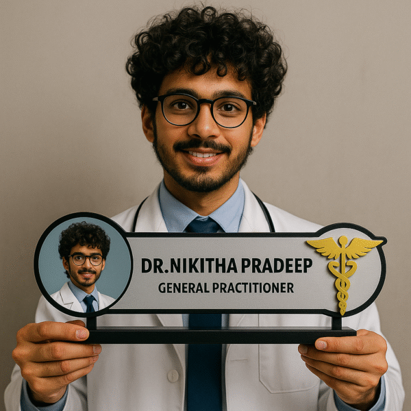 Custom doctor desk name plate with photo and caduceus for general practitioner – personalized acrylic clinic name board