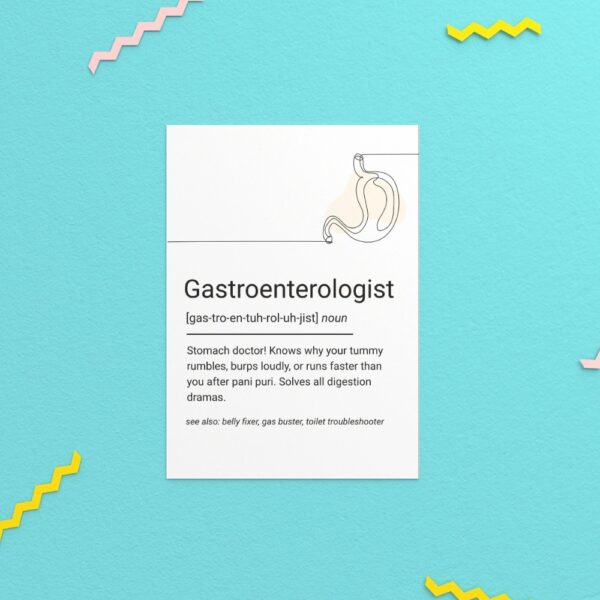 Minimalist line art poster of a stomach with a humorous definition of a gastroenterologist.