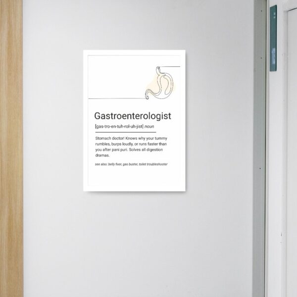 Minimalist line art poster of a stomach with a humorous definition of a gastroenterologist.