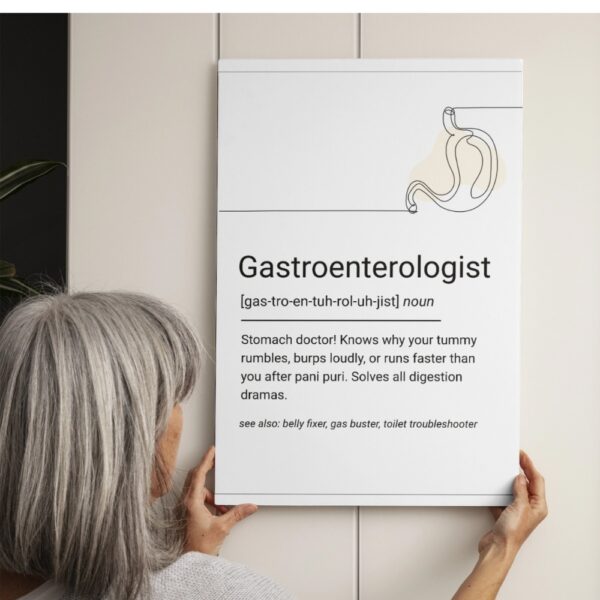 Minimalist line art poster of a stomach with a humorous definition of a gastroenterologist.