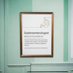 Minimalist line art poster of a stomach with a humorous definition of a gastroenterologist.