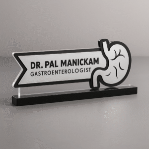 Doctor desk name plate with stomach icon – personalized gastroenterologist name board in black and silver