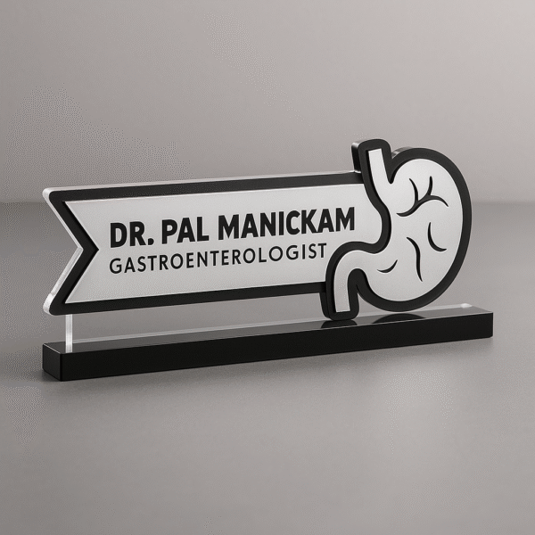 Doctor desk name plate with stomach icon – personalized gastroenterologist name board in black and silver