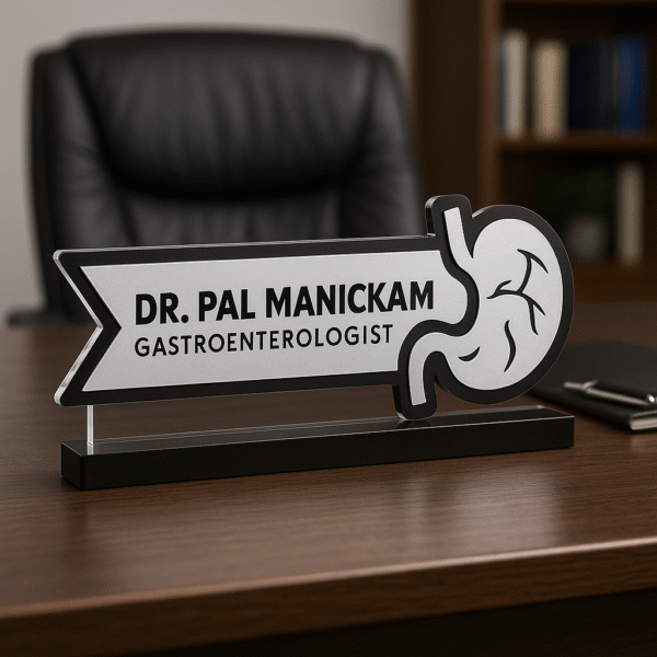 Doctor desk name plate with stomach icon – personalized gastroenterologist name board in black and silver