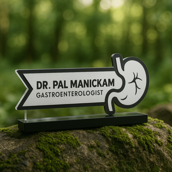 Doctor desk name plate with stomach icon – personalized gastroenterologist name board in black and silver