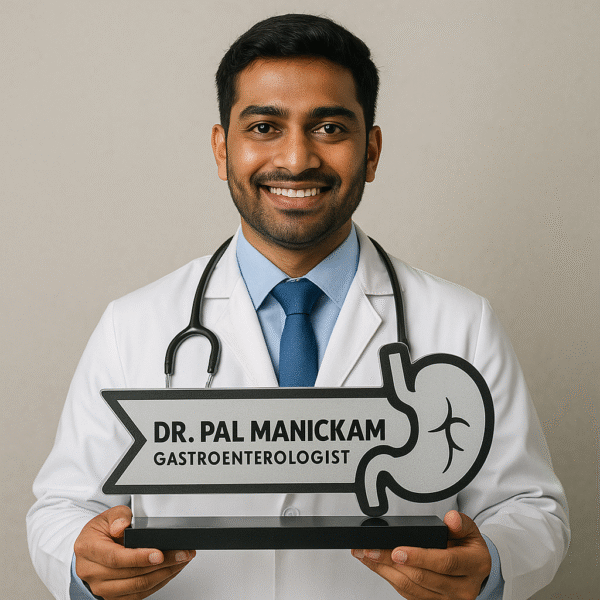 Doctor desk name plate with stomach icon – personalized gastroenterologist name board in black and silver