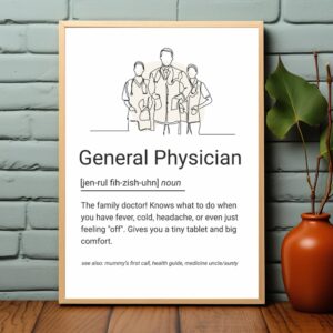 Line art poster of three doctors in coats with a humorous definition of a general physician, ideal for clinic decor.