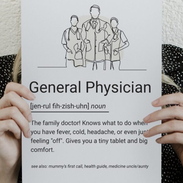 Line art poster of three doctors in coats with a humorous definition of a general physician, ideal for clinic decor.