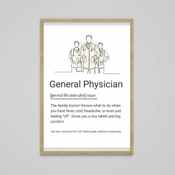 Line art poster of three doctors in coats with a humorous definition of a general physician, ideal for clinic decor.