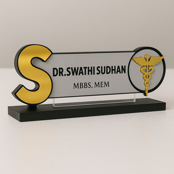 Personalized acrylic doctor desk name plate with gold monogram S, caduceus symbol, and name panel – MBBS MEM desk sign