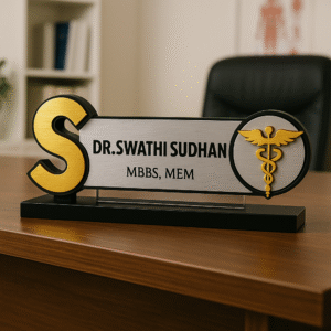 Personalized acrylic doctor desk name plate with gold monogram S, caduceus symbol, and name panel – MBBS MEM desk sign