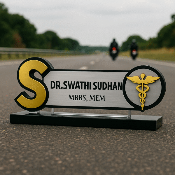 Personalized acrylic doctor desk name plate with gold monogram S, caduceus symbol, and name panel – MBBS MEM desk sign