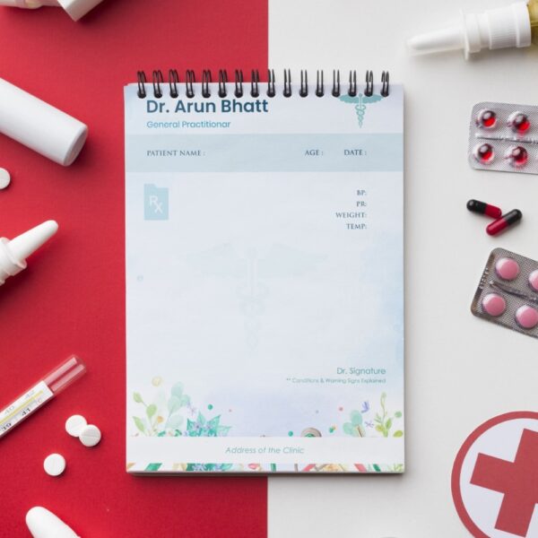 Soft blue prescription pad for general doctors with botanical bottom border and clean layout.
