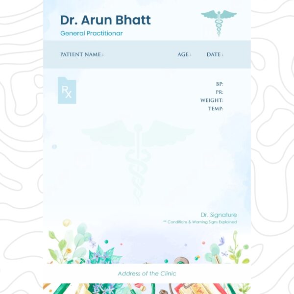 Soft blue prescription pad for general doctors with botanical bottom border and clean layout.