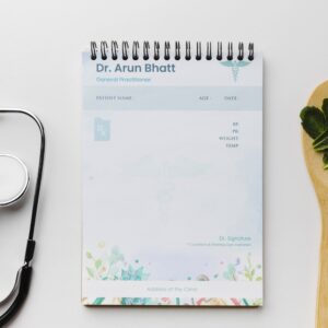 Soft blue prescription pad for general doctors with botanical bottom border and clean layout.