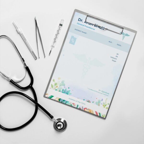 Soft blue prescription pad for general doctors with botanical bottom border and clean layout.