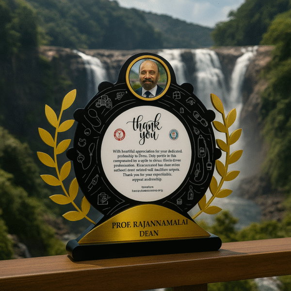 Customized doctor appreciation memento with golden laurel, photo slot, and thank you message placed outdoors near a scenic waterfall.