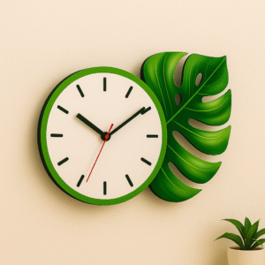 Green wall clock with monstera leaf design – perfect for doctors’ clinic and hospital room decor