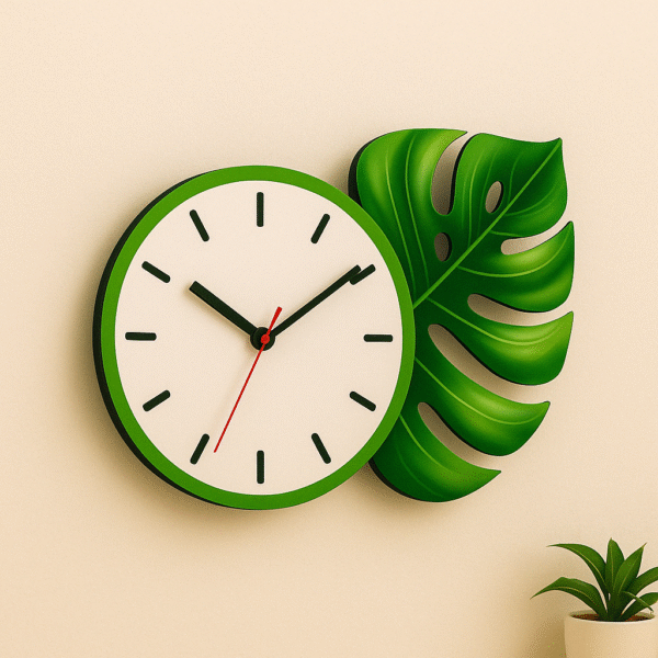 Green wall clock with monstera leaf design – perfect for doctors’ clinic and hospital room decor
