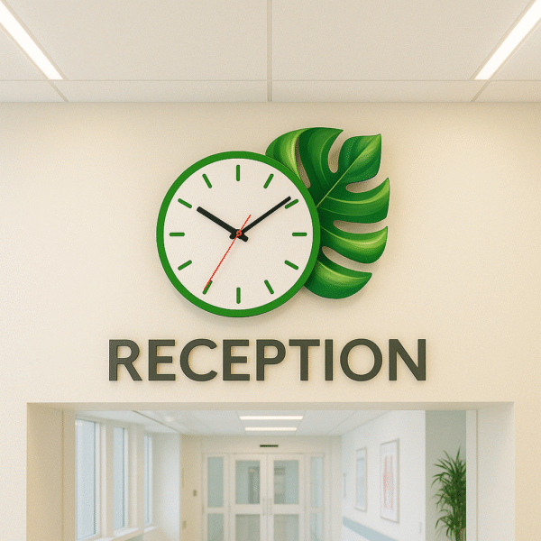 Green wall clock with monstera leaf design – perfect for doctors’ clinic and hospital room decor