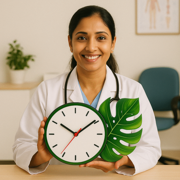 Green wall clock with monstera leaf design – perfect for doctors’ clinic and hospital room decor