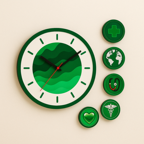 Modern green doctor wall clock with medical icons – ideal for clinic or hospital decor
