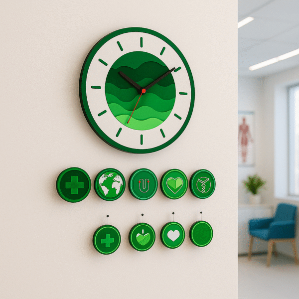 Modern green doctor wall clock with medical icons – ideal for clinic or hospital decor