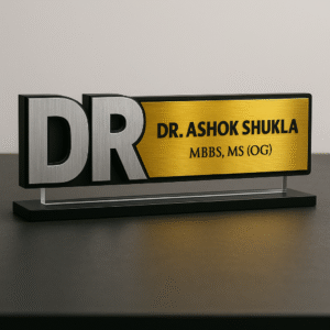Custom doctor name plate with large DR letters and gold panel – acrylic desk name board for medical professionals