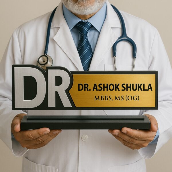 Custom doctor name plate with large DR letters and gold panel – acrylic desk name board for medical professionals