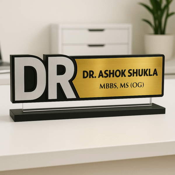 Custom doctor name plate with large DR letters and gold panel – acrylic desk name board for medical professionals