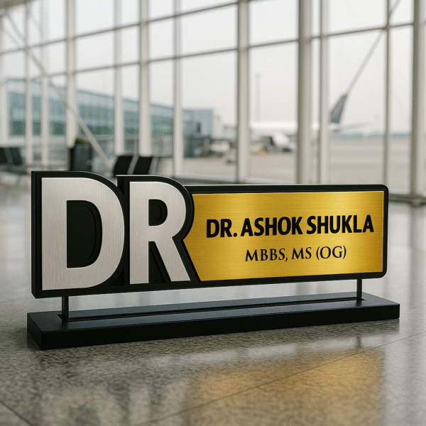 Custom doctor name plate with large DR letters and gold panel – acrylic desk name board for medical professionals