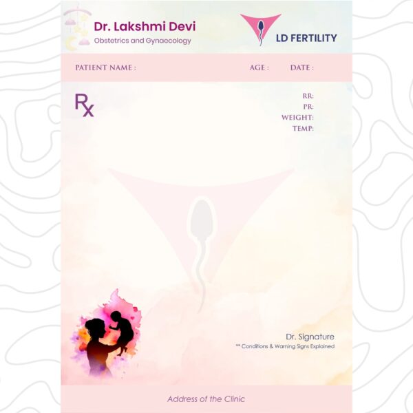 Gynecologist prescription pad designed for Dr. Lakshmi Devi with a feminine fertility theme, featuring mother-child silhouette and uterus-sperm illustration.