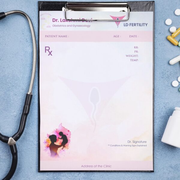 Gynecologist prescription pad designed for Dr. Lakshmi Devi with a feminine fertility theme, featuring mother-child silhouette and uterus-sperm illustration.