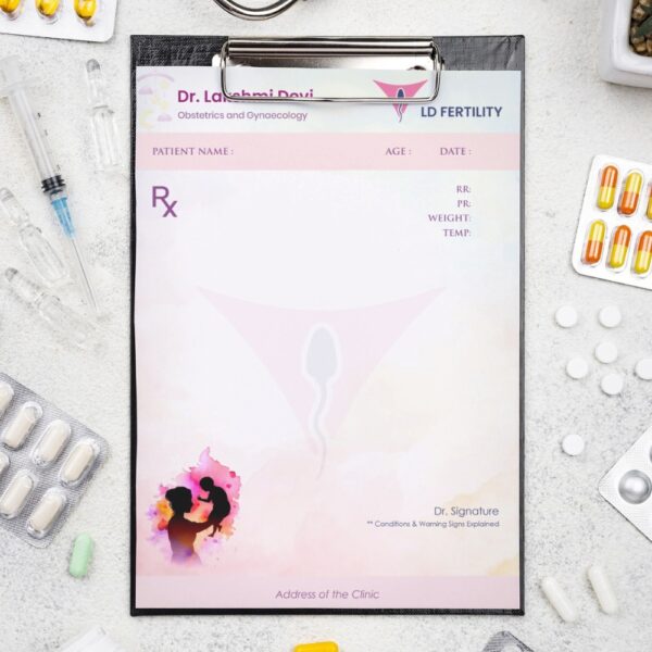 Gynecologist prescription pad designed for Dr. Lakshmi Devi with a feminine fertility theme, featuring mother-child silhouette and uterus-sperm illustration.