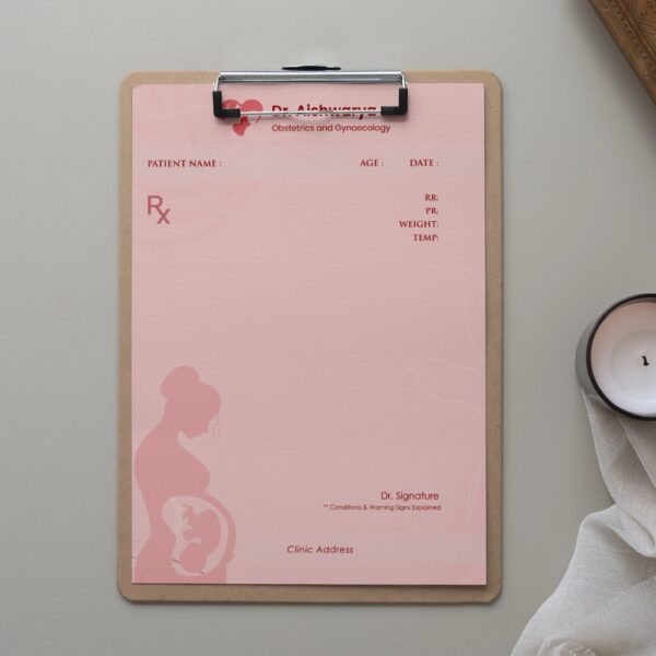 Elegant pink prescription pad designed for obstetricians and gynaecologists, featuring a silhouette of a pregnant woman with fetus illustration, and patient information layout.