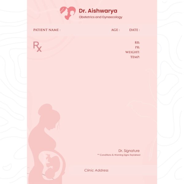 Elegant pink prescription pad designed for obstetricians and gynaecologists, featuring a silhouette of a pregnant woman with fetus illustration, and patient information layout.