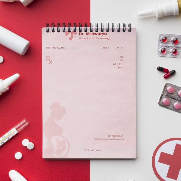 Elegant pink prescription pad designed for obstetricians and gynaecologists, featuring a silhouette of a pregnant woman with fetus illustration, and patient information layout.