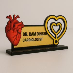 Custom cardiologist desk name plate with anatomical and symbolic heart design, gold and black acrylic finish for doctor clinic