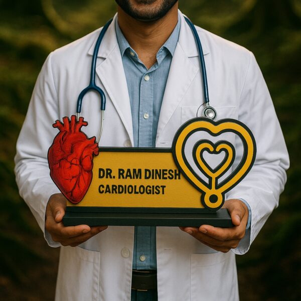 Custom cardiologist desk name plate with anatomical and symbolic heart design, gold and black acrylic finish for doctor clinic