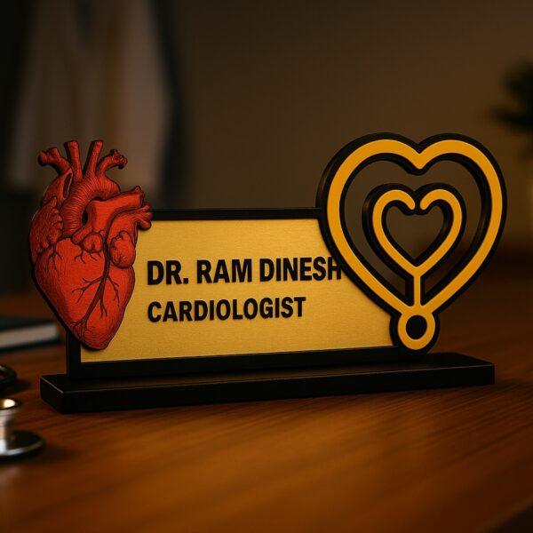 Custom cardiologist desk name plate with anatomical and symbolic heart design, gold and black acrylic finish for doctor clinic