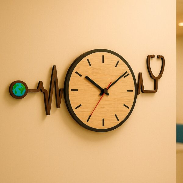 Doctor wall clock with heartbeat line, stethoscope, and Earth symbol – perfect for clinic decor