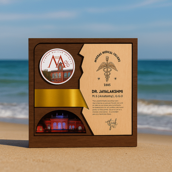 Custom wooden doctor memento featuring medical college logo, golden strip, engraved message, and college building photo.