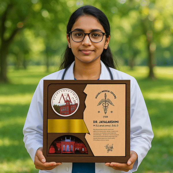 Custom wooden doctor memento featuring medical college logo, golden strip, engraved message, and college building photo.