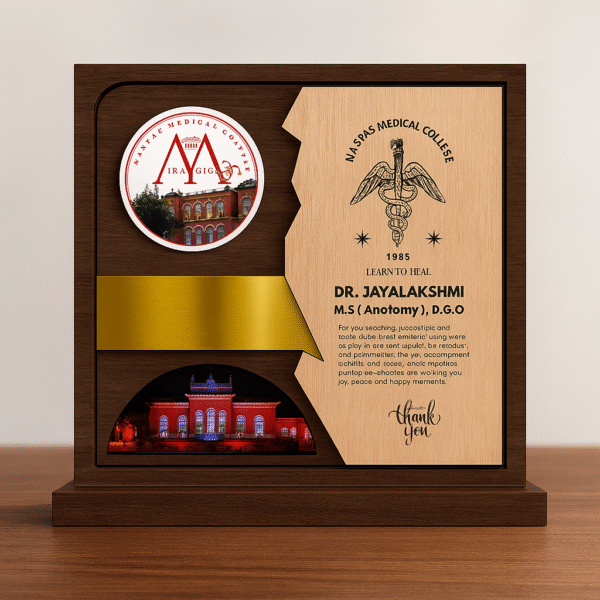Custom wooden doctor memento featuring medical college logo, golden strip, engraved message, and college building photo.