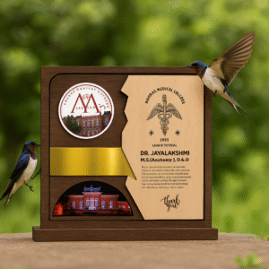 Custom wooden doctor memento featuring medical college logo, golden strip, engraved message, and college building photo.