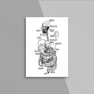 Black and white illustrated human digestive system poster with organ names labeled in handwriting style