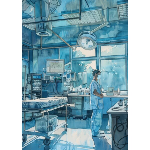 Watercolor-style illustration of a doctor standing in a modern ICU with medical equipment and daylight through windows