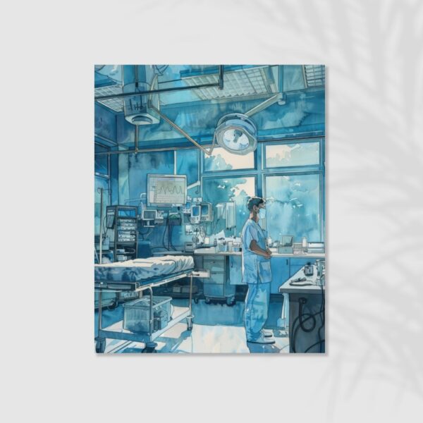 Watercolor-style illustration of a doctor standing in a modern ICU with medical equipment and daylight through windows