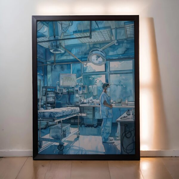 Watercolor-style illustration of a doctor standing in a modern ICU with medical equipment and daylight through windows